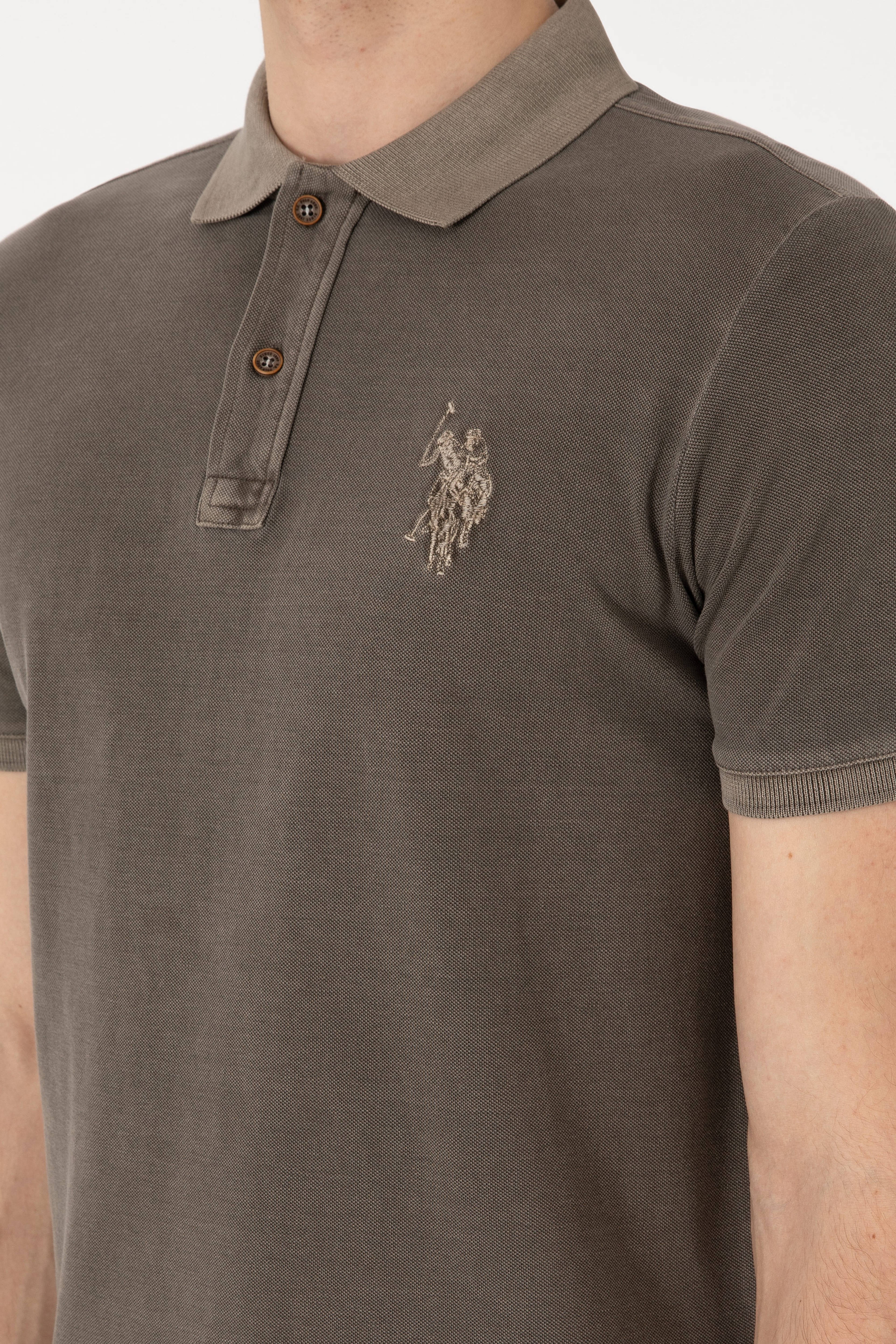 Erkek Slim Fit Polo Yaka Vizon Yıkamalı Basic Tişört - Image 7