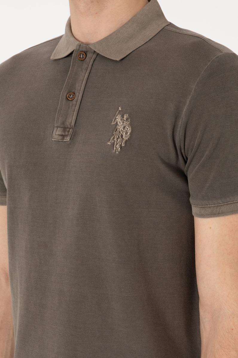 Erkek Slim Fit Polo Yaka Vizon Yıkamalı Basic Tişört