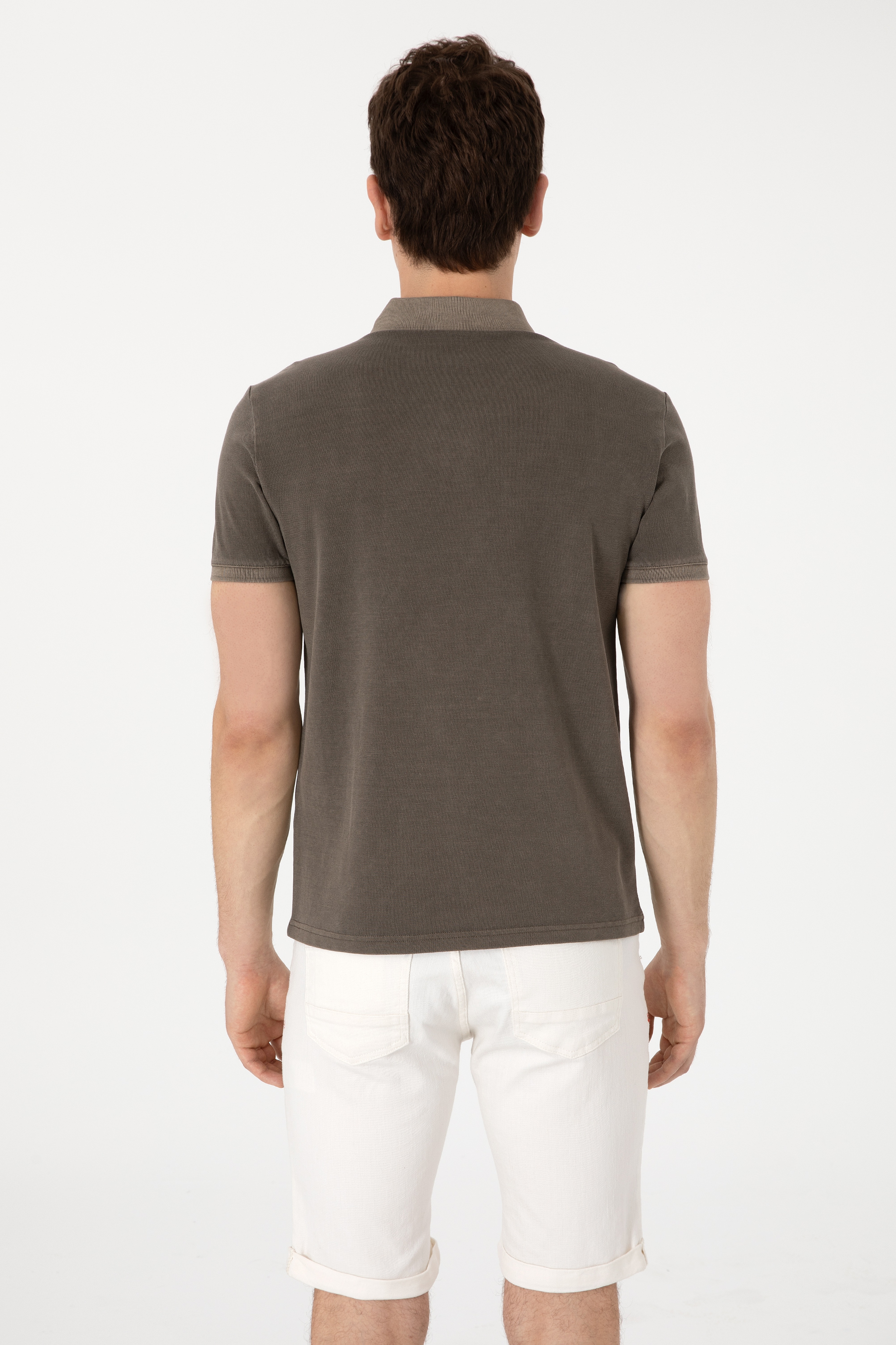 Erkek Slim Fit Polo Yaka Vizon Yıkamalı Basic Tişört
