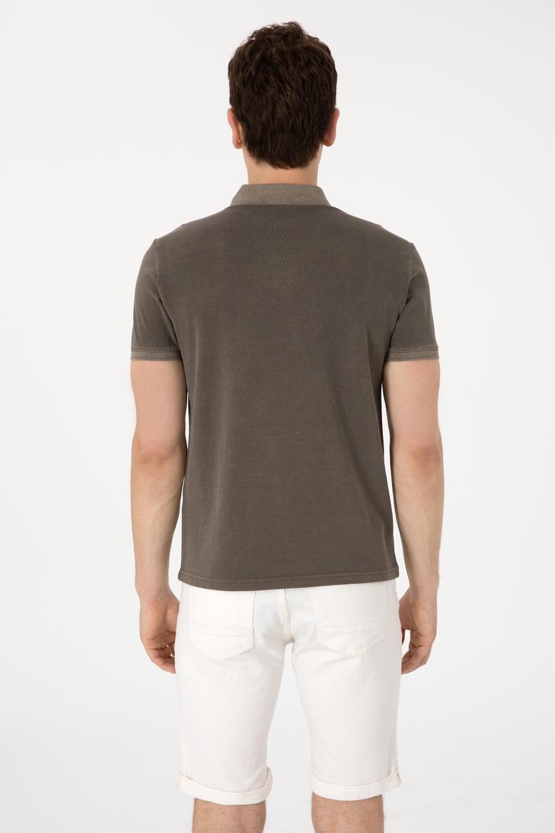 Erkek Slim Fit Polo Yaka Vizon Yıkamalı Basic Tişört - 50305995117