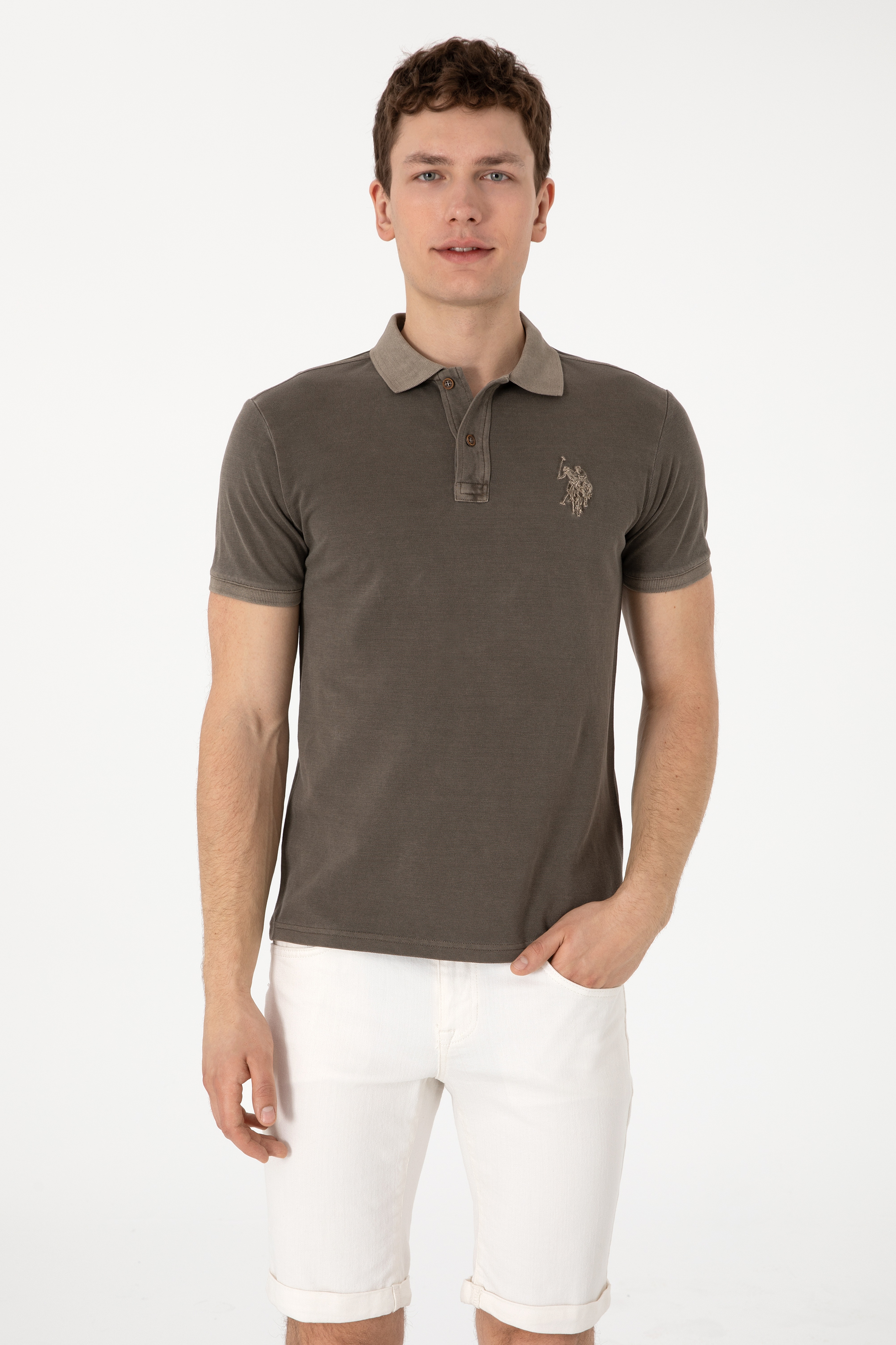 Erkek Slim Fit Polo Yaka Vizon Yıkamalı Basic Tişört - Image 1