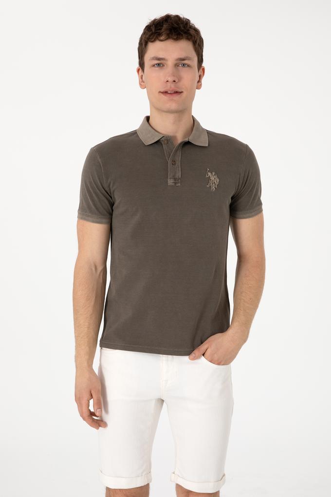 Erkek Slim Fit Polo Yaka Vizon Yıkamalı Basic Tişört