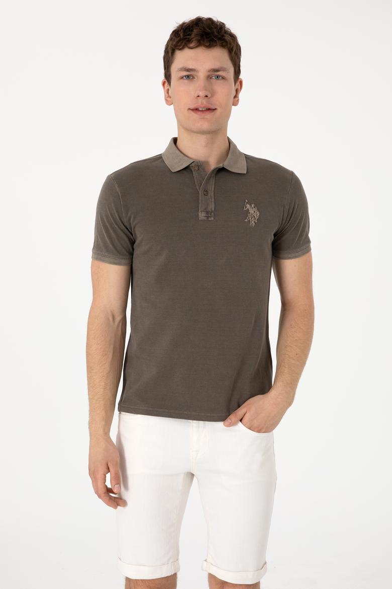 Erkek Slim Fit Polo Yaka Vizon Yıkamalı Basic Tişört