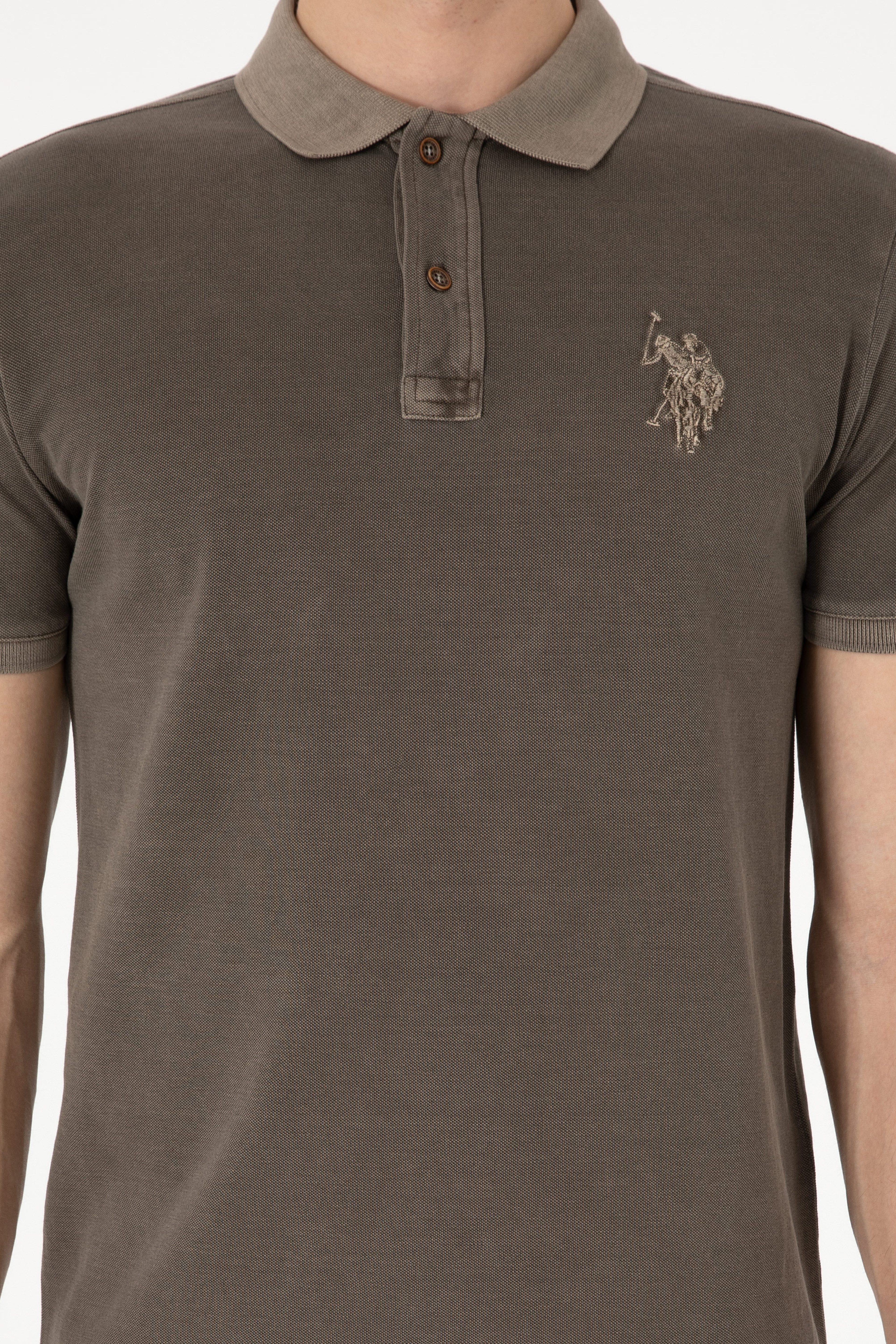 Erkek Slim Fit Polo Yaka Vizon Yıkamalı Basic Tişört