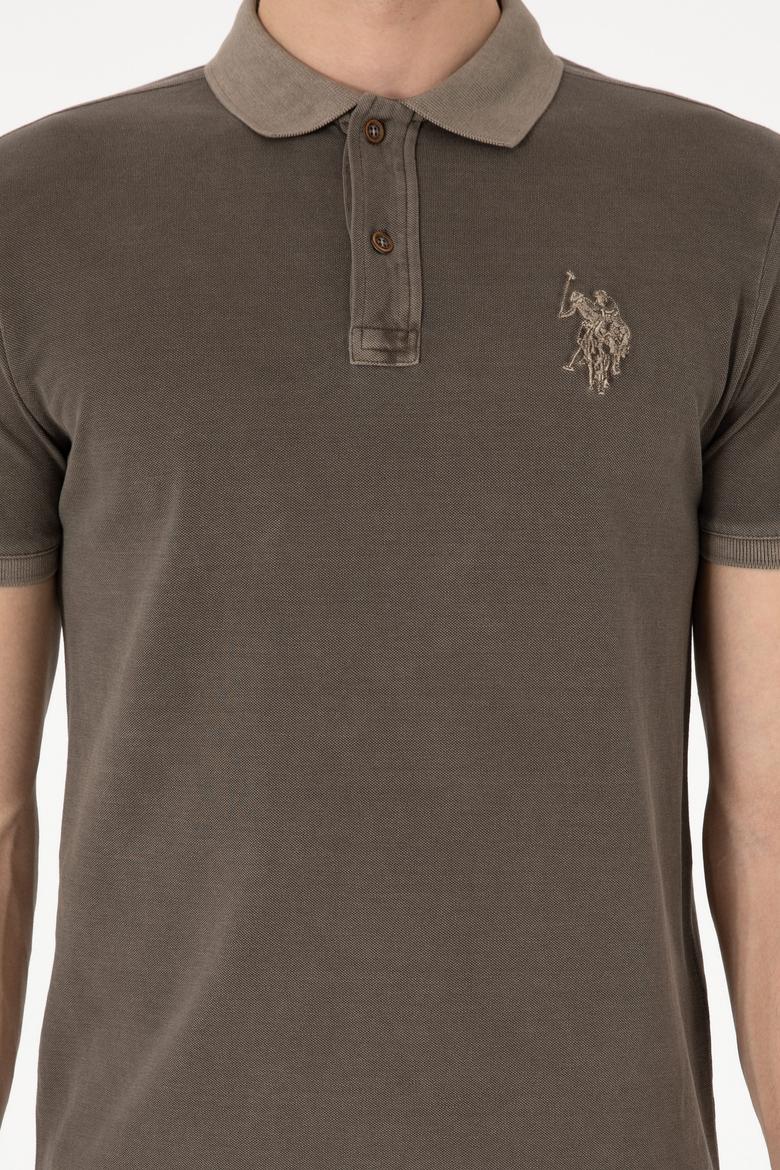 Erkek Slim Fit Polo Yaka Vizon Yıkamalı Basic Tişört - 50305995117