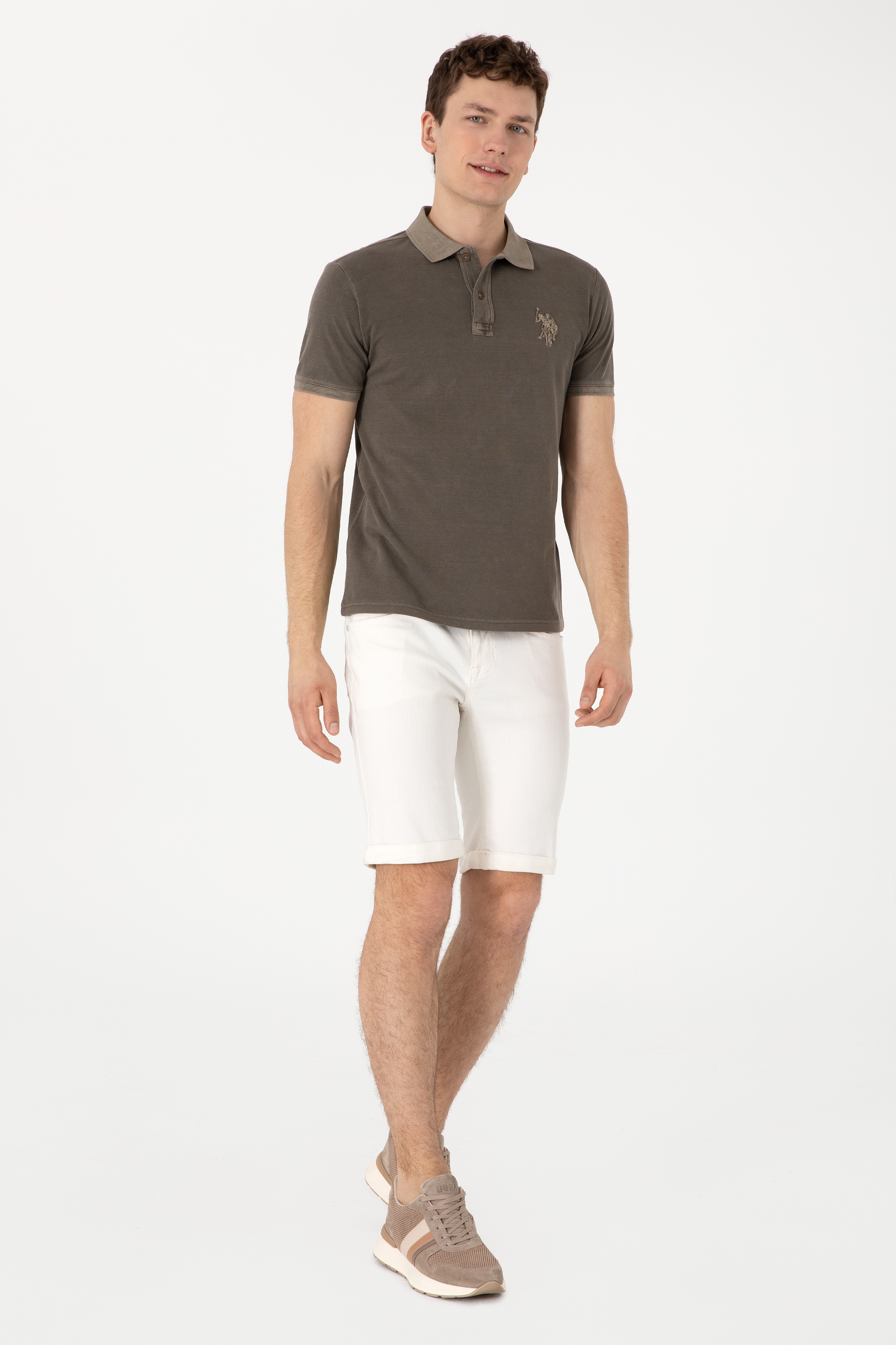 Erkek Slim Fit Polo Yaka Vizon Yıkamalı Basic Tişört - Image 4