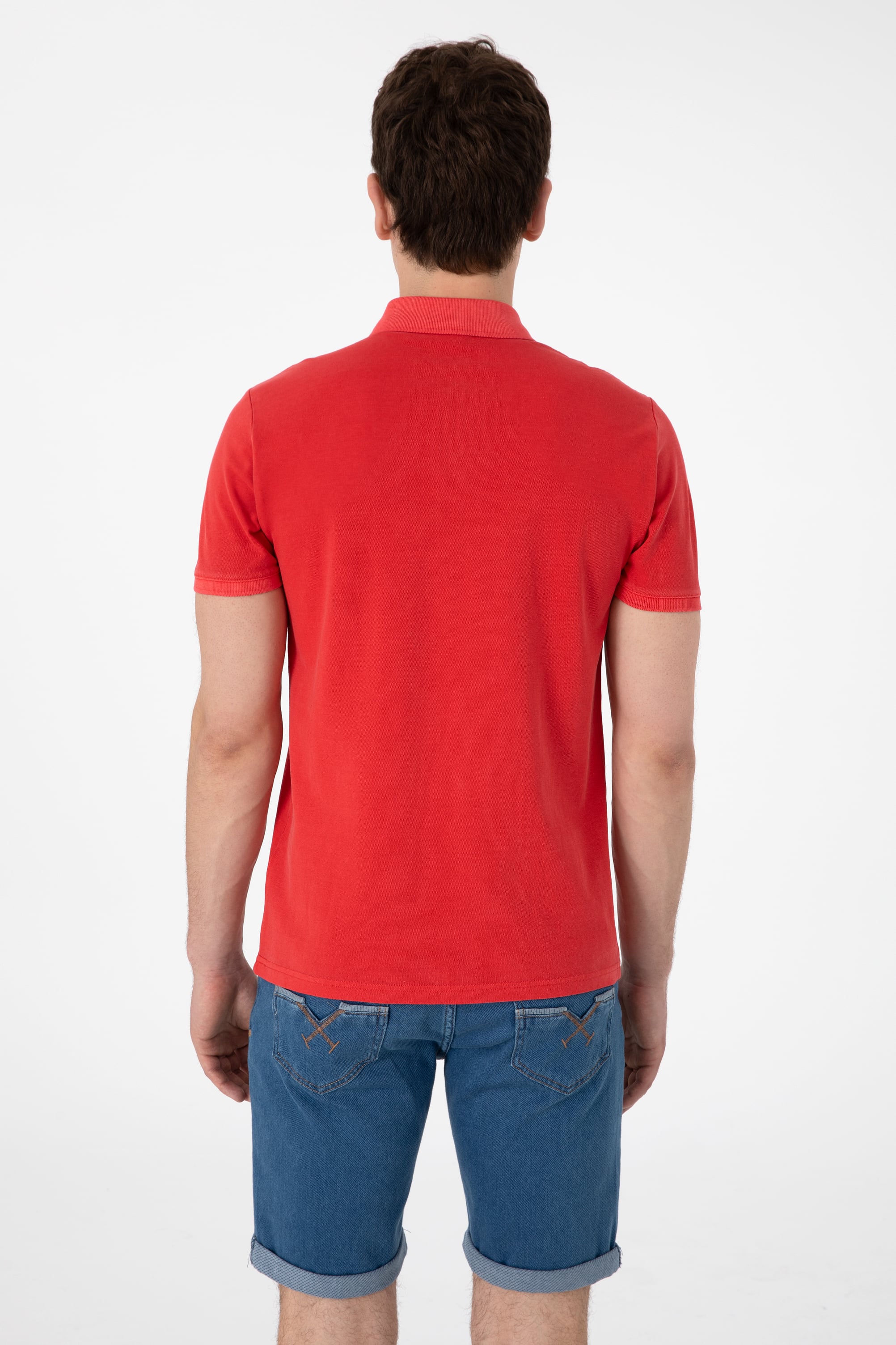 Erkek Slim Fit Polo Yaka Kırmızı Yıkamalı Basic Tişört - Image 5