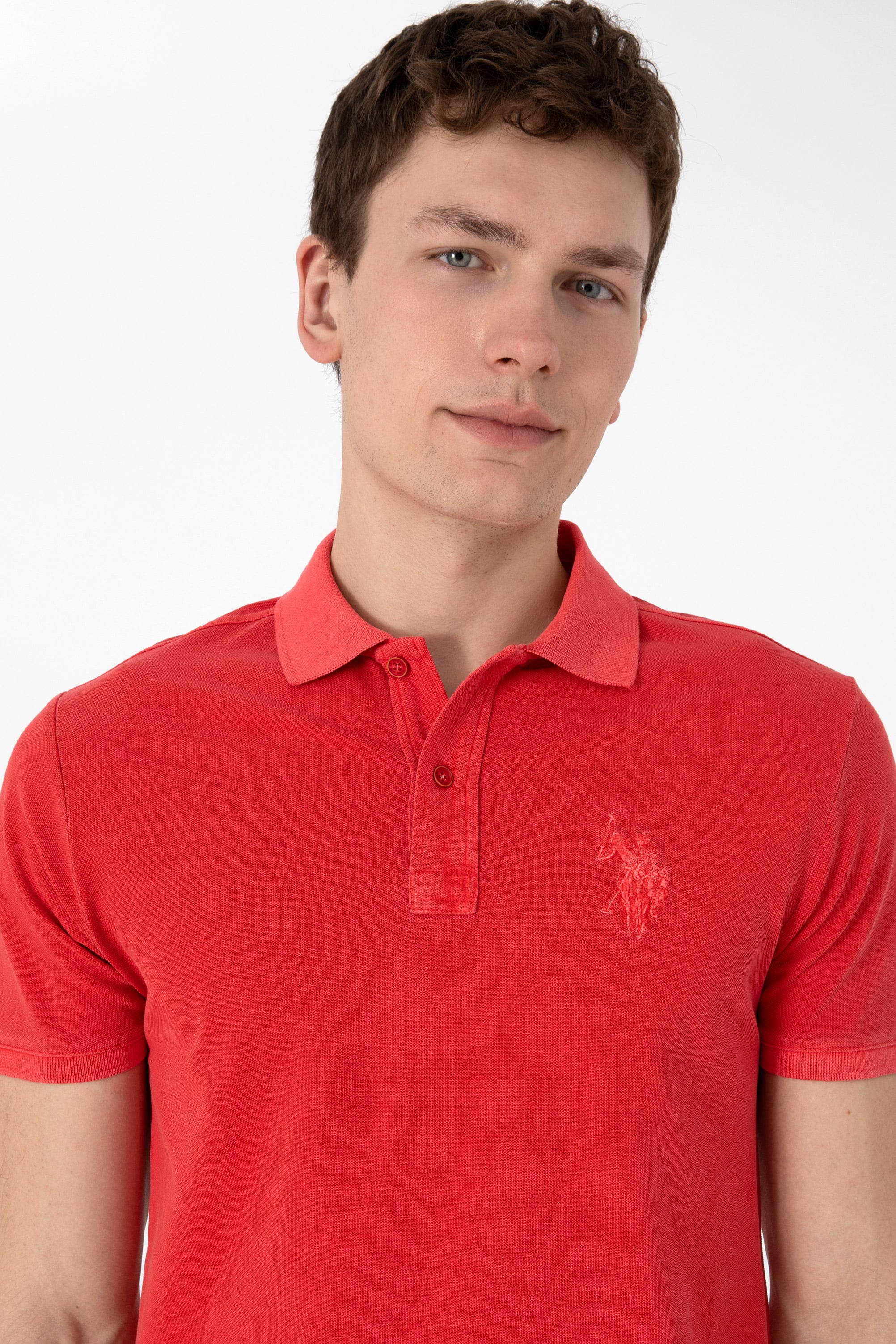Erkek Slim Fit Polo Yaka Kırmızı Yıkamalı Basic Tişört