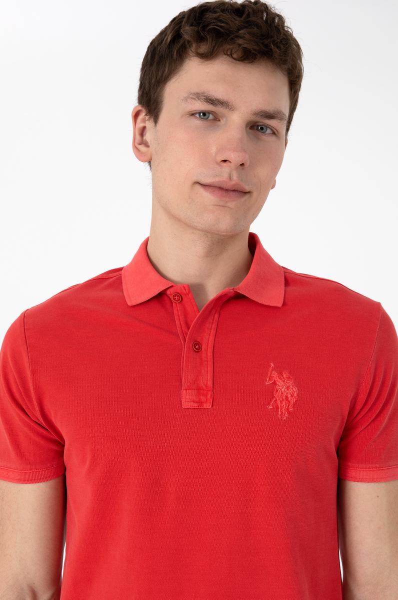 Erkek Slim Fit Polo Yaka Kırmızı Yıkamalı Basic Tişört