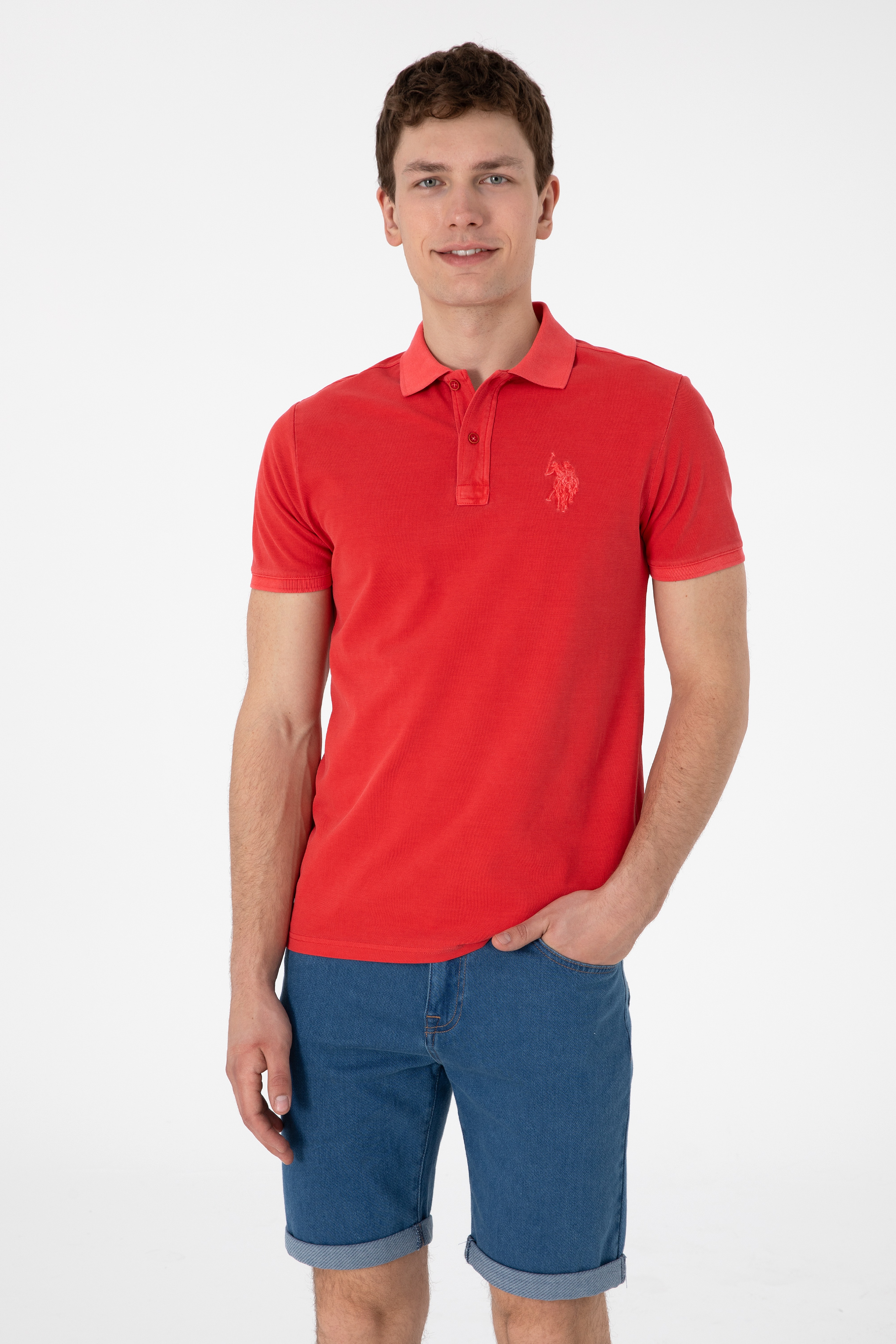 Erkek Slim Fit Polo Yaka Kırmızı Yıkamalı Basic Tişört - Image 1