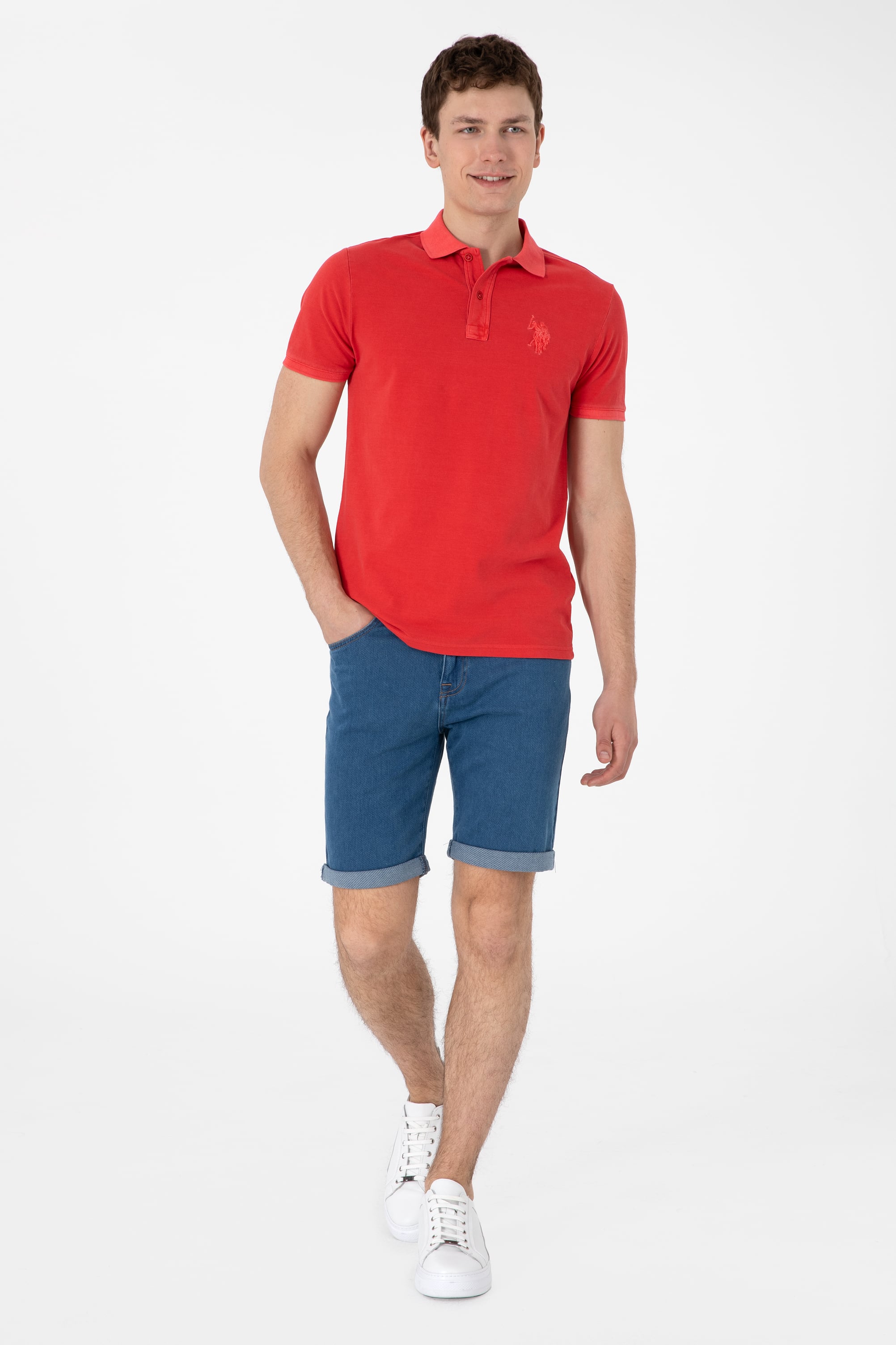 Erkek Slim Fit Polo Yaka Kırmızı Yıkamalı Basic Tişört