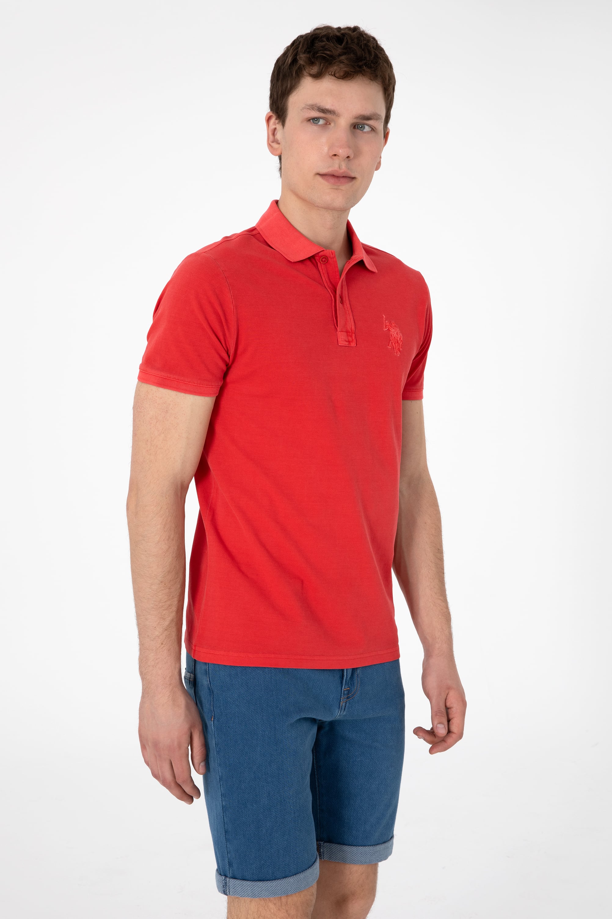 Erkek Slim Fit Polo Yaka Kırmızı Yıkamalı Basic Tişört