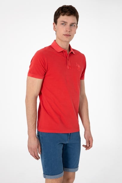 Erkek Slim Fit Polo Yaka Kırmızı Yıkamalı Basic Tişört