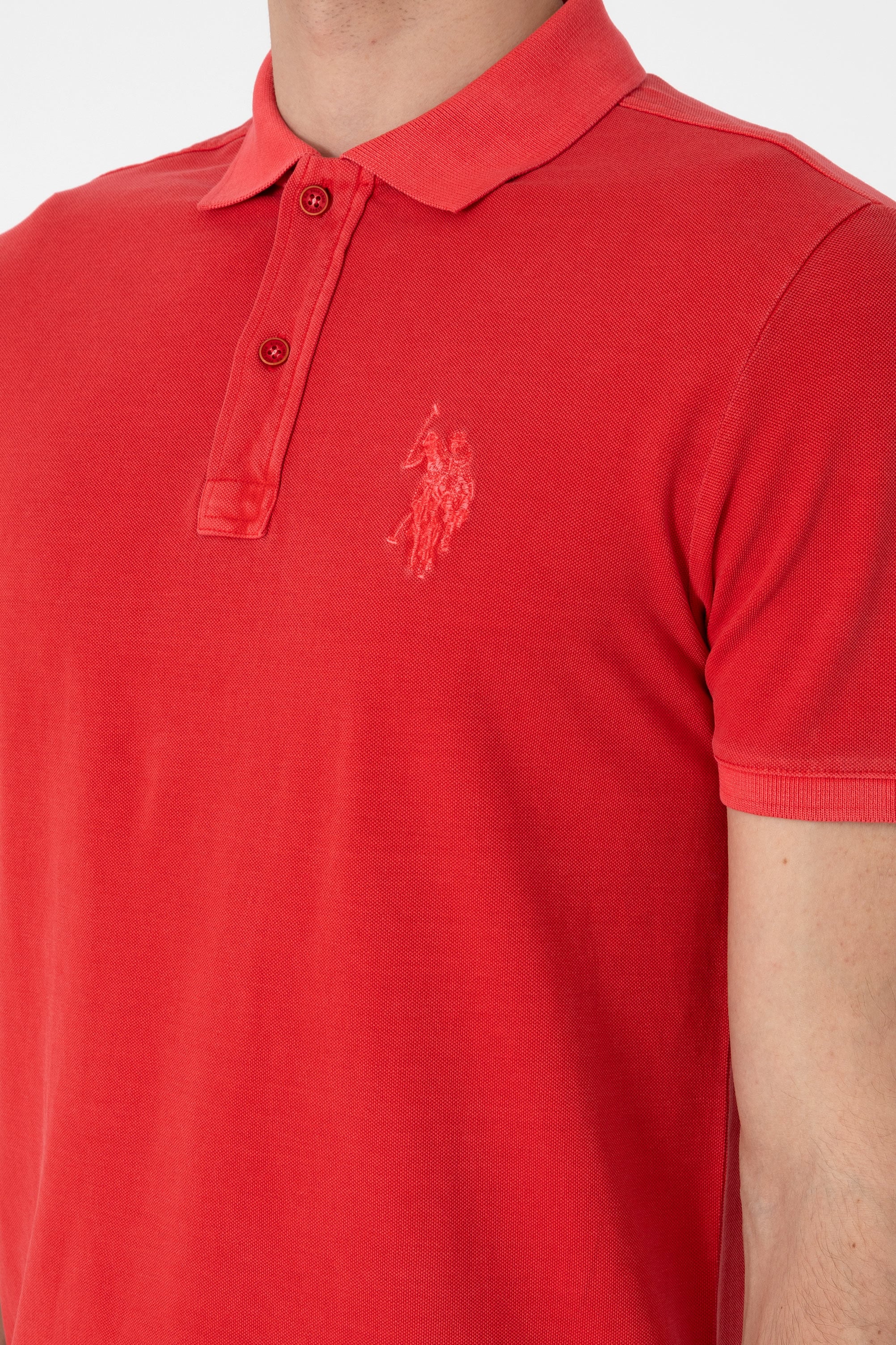 Erkek Slim Fit Polo Yaka Kırmızı Yıkamalı Basic Tişört - Image 7