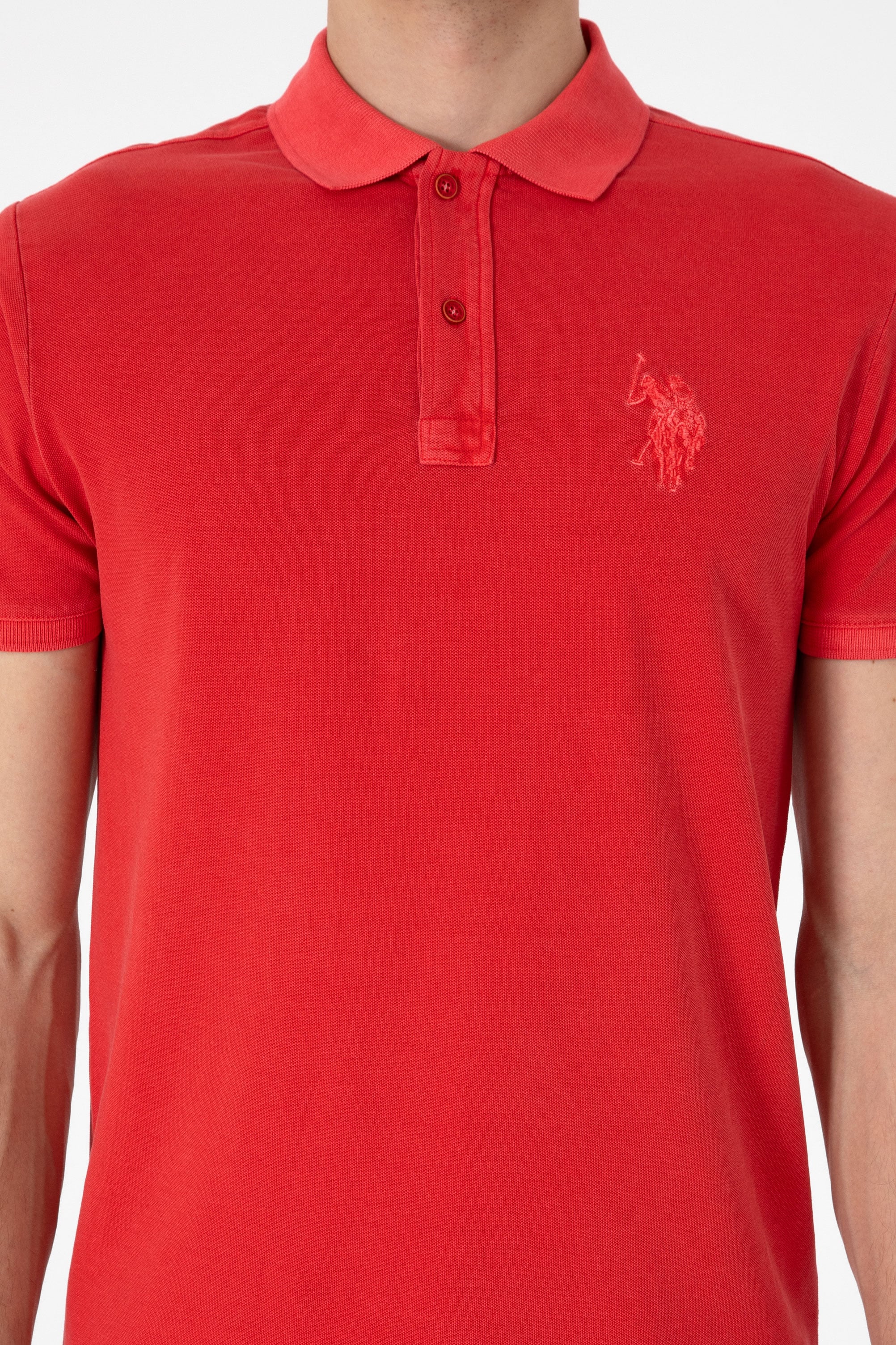 Erkek Slim Fit Polo Yaka Kırmızı Yıkamalı Basic Tişört