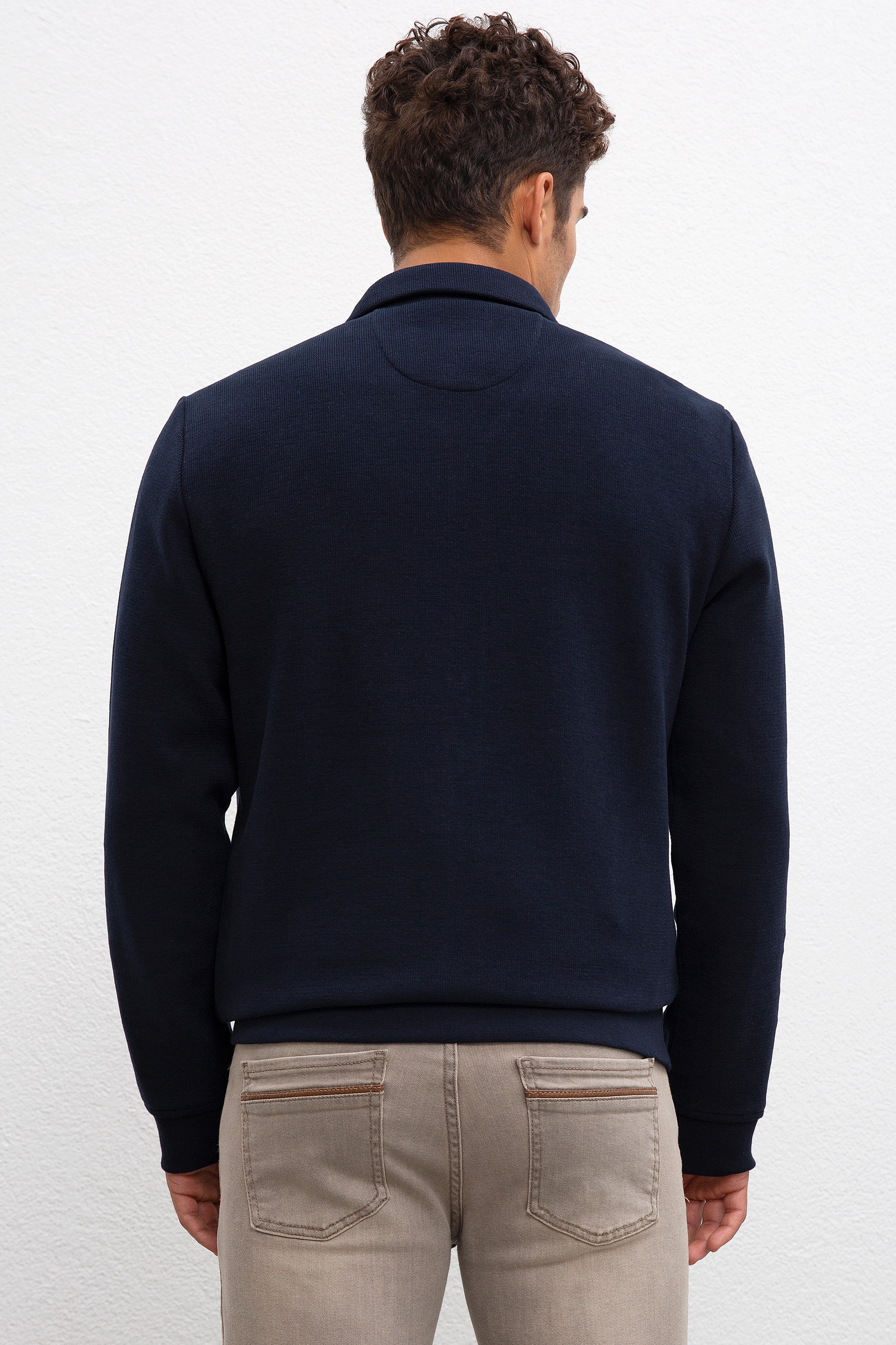 Erkek Lacivert Dik Yaka Fermuarlı Sweatshirt