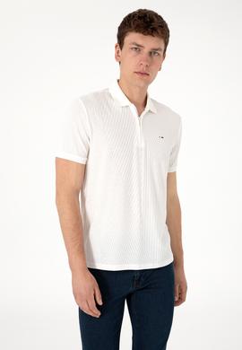 Erkek Regular Fit Fermuarlı Krem Dokulu Tişört - 50299583006