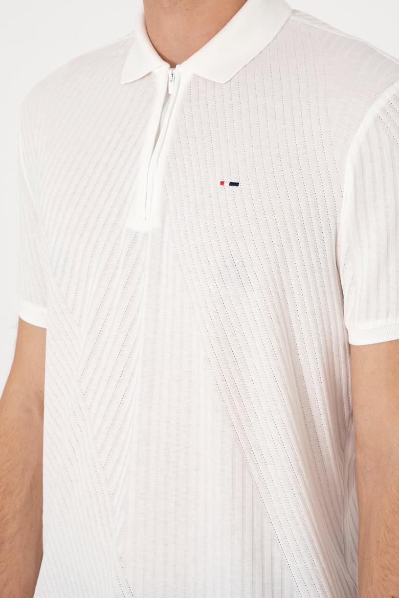 Erkek Regular Fit Fermuarlı Krem Dokulu Tişört - 50299583006