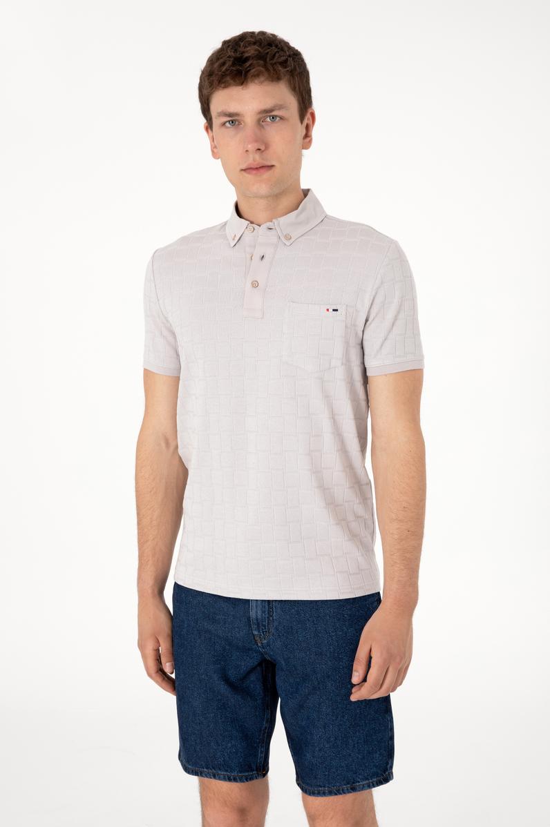 Erkek Slim Fit Polo Yaka Cepli Açık Gri Dokulu Tişört