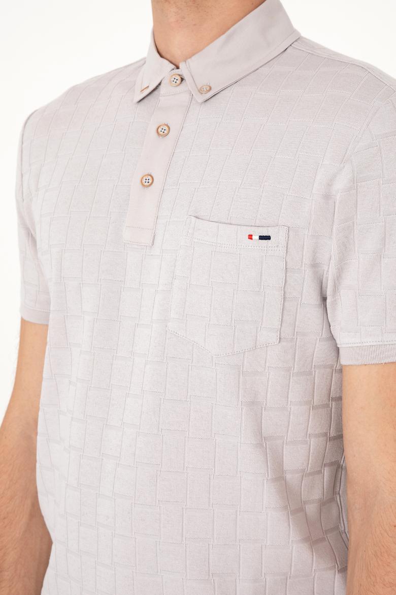 Erkek Slim Fit Polo Yaka Cepli Açık Gri Dokulu Tişört - 50300084029