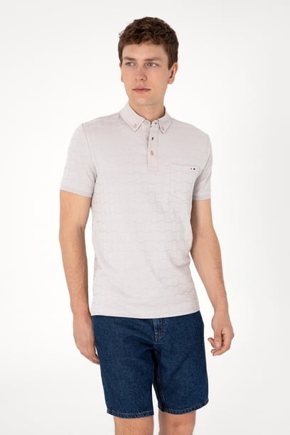Erkek Slim Fit Polo Yaka Cepli Açık Gri Dokulu Tişört