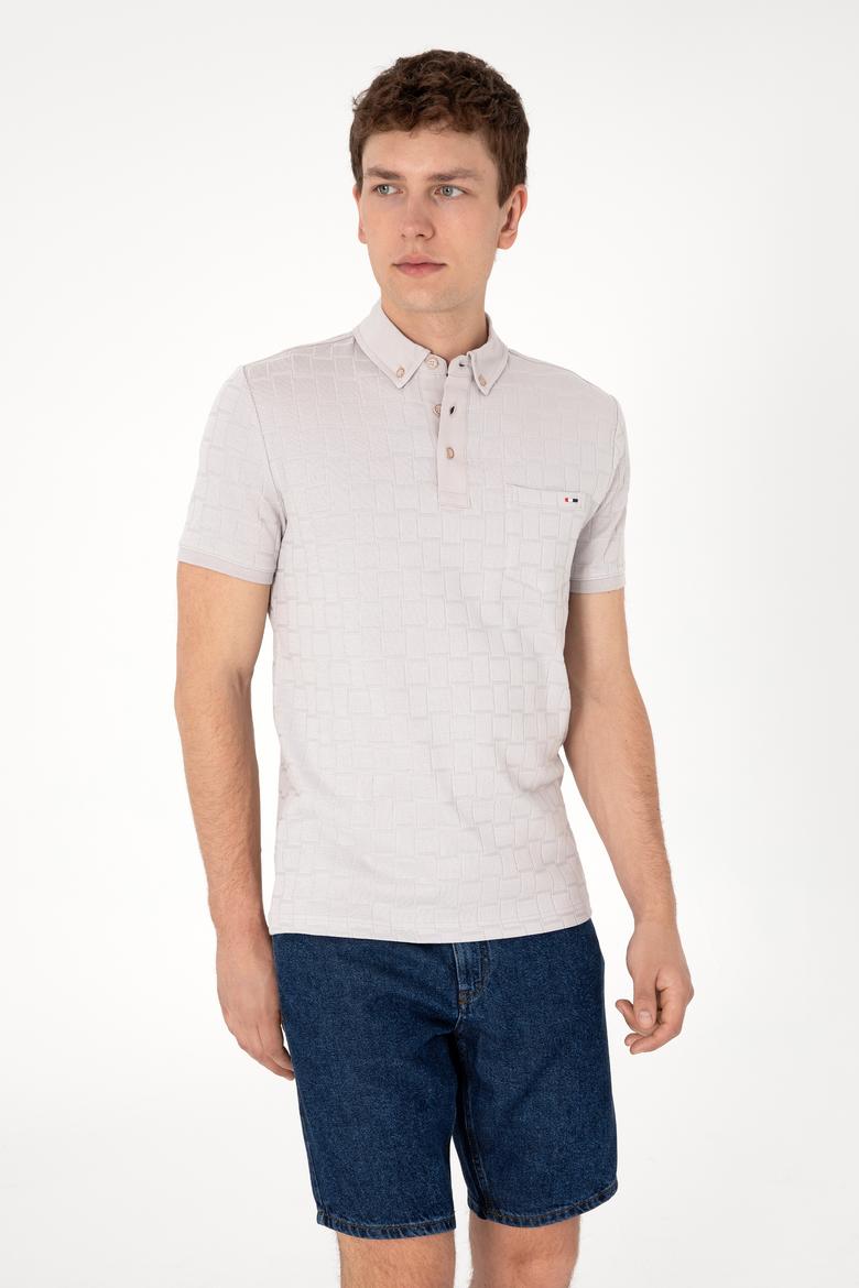 Erkek Slim Fit Polo Yaka Cepli Açık Gri Dokulu Tişört - 50300084029