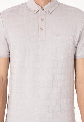 Erkek Slim Fit Polo Yaka Cepli Açık Gri Dokulu Tişört - 50300084029