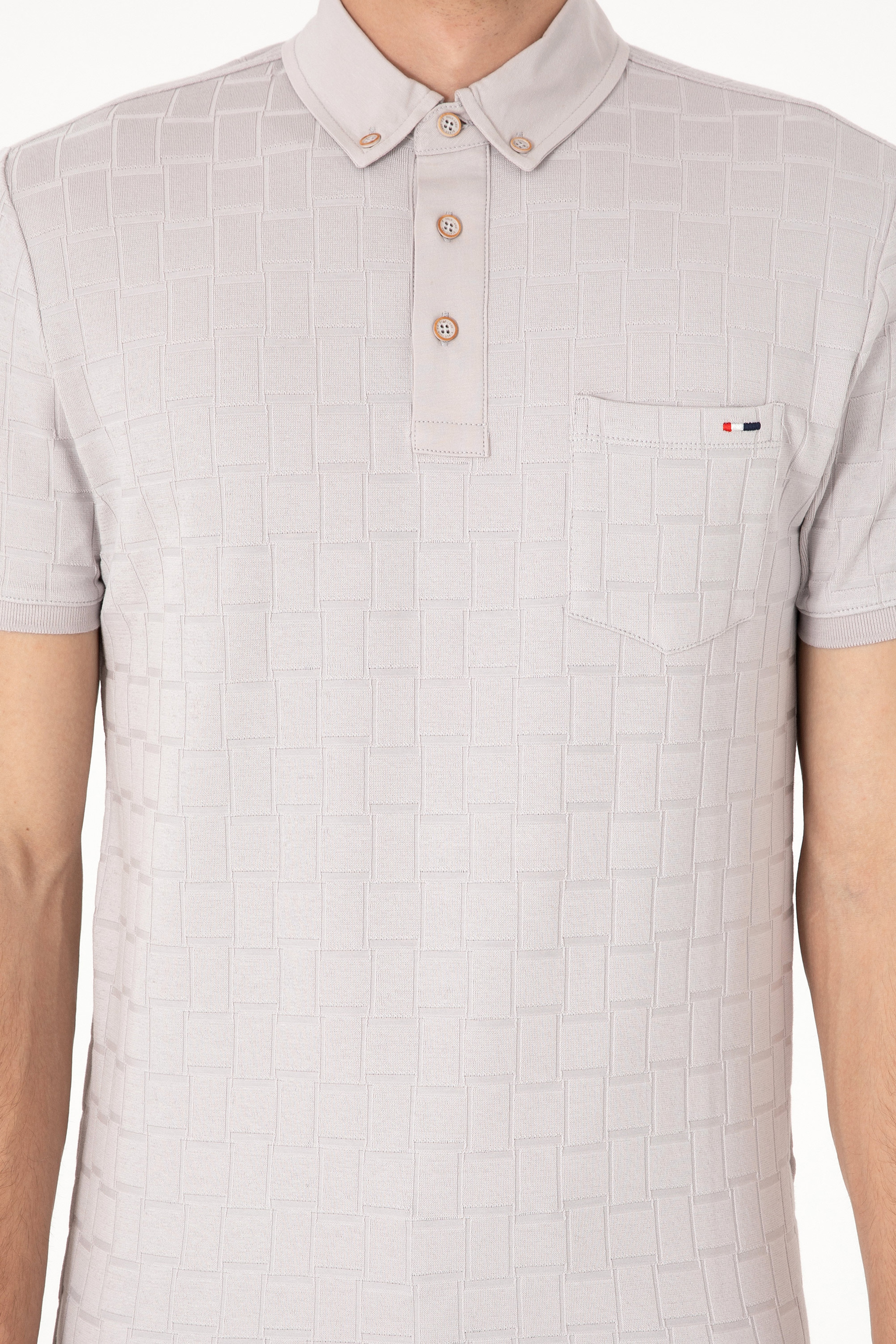 Erkek Slim Fit Polo Yaka Cepli Açık Gri Dokulu Tişört - Image 6