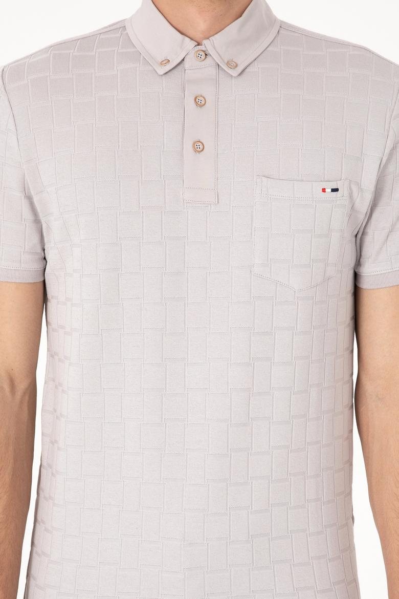 Erkek Slim Fit Polo Yaka Cepli Açık Gri Dokulu Tişört - 50300084029