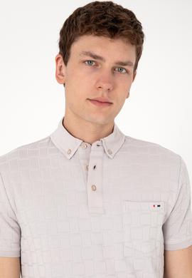 Erkek Slim Fit Polo Yaka Cepli Açık Gri Dokulu Tişört - 50300084029