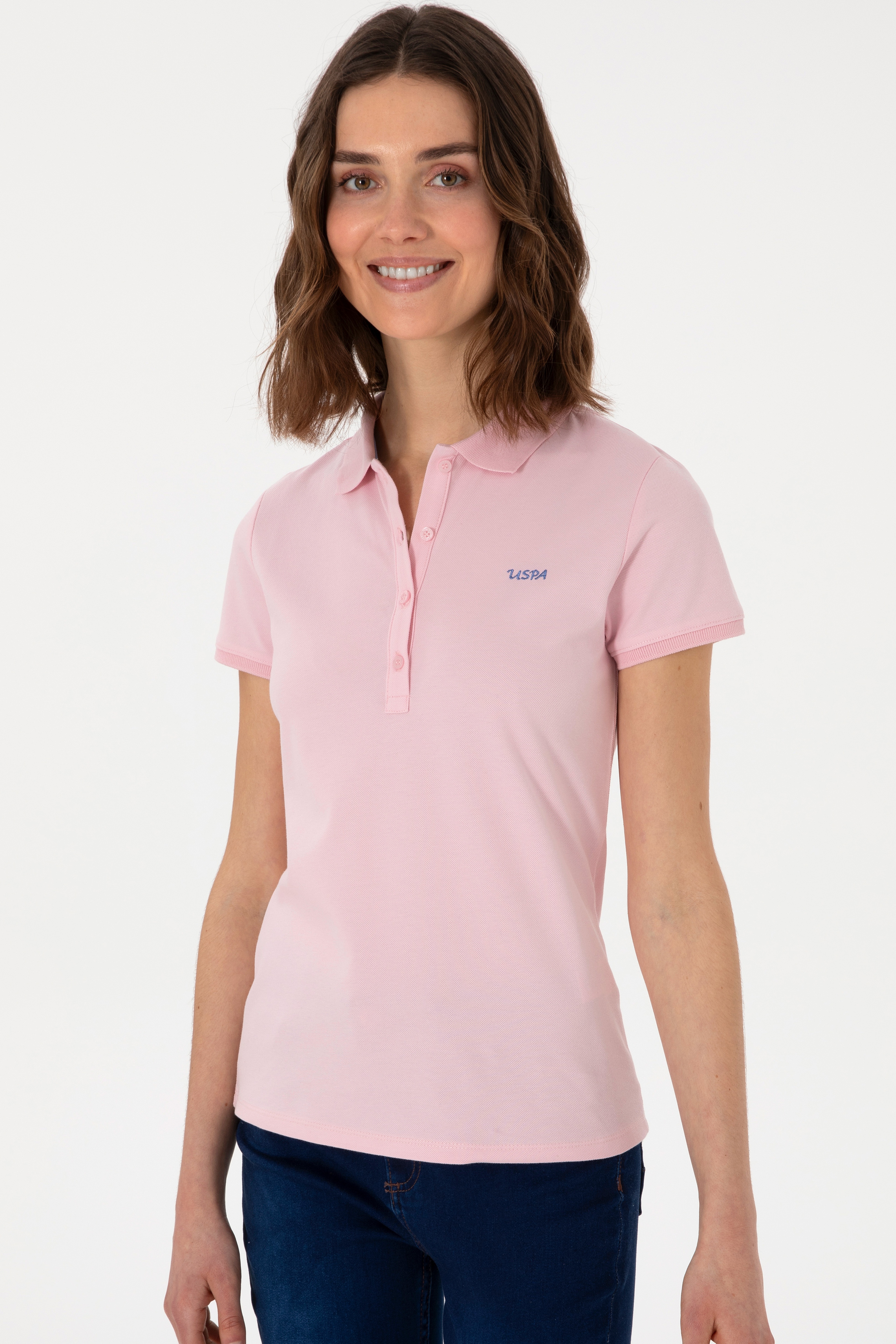 Kadın Açık Pembe Basic Polo Yaka Tişört - Image 2