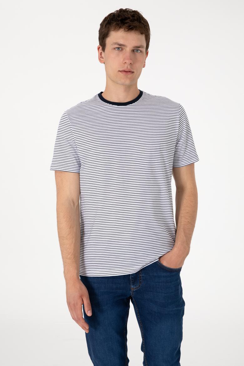 Erkek Regular Fit Bisiklet Yaka Lacivert Çizgili Tişört