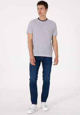 Erkek Regular Fit Bisiklet Yaka Lacivert Çizgili Tişört - 50306898026