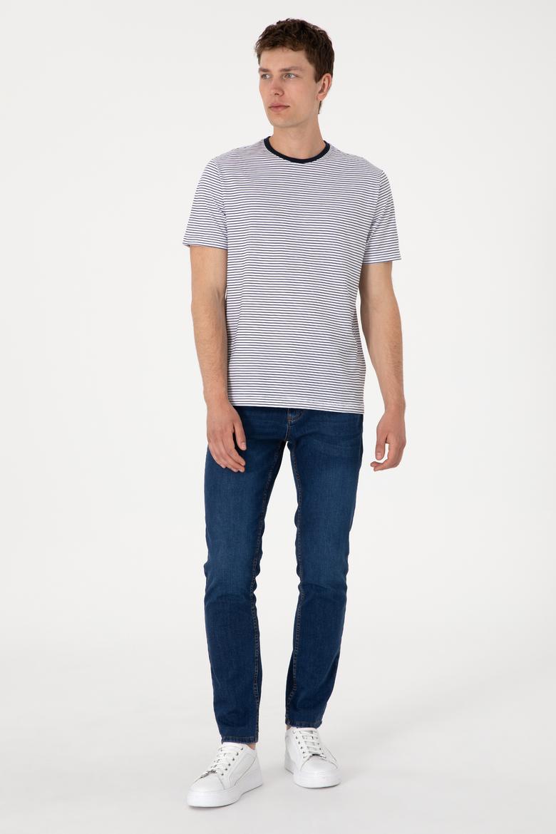 Erkek Regular Fit Bisiklet Yaka Lacivert Çizgili Tişört - 50306898026