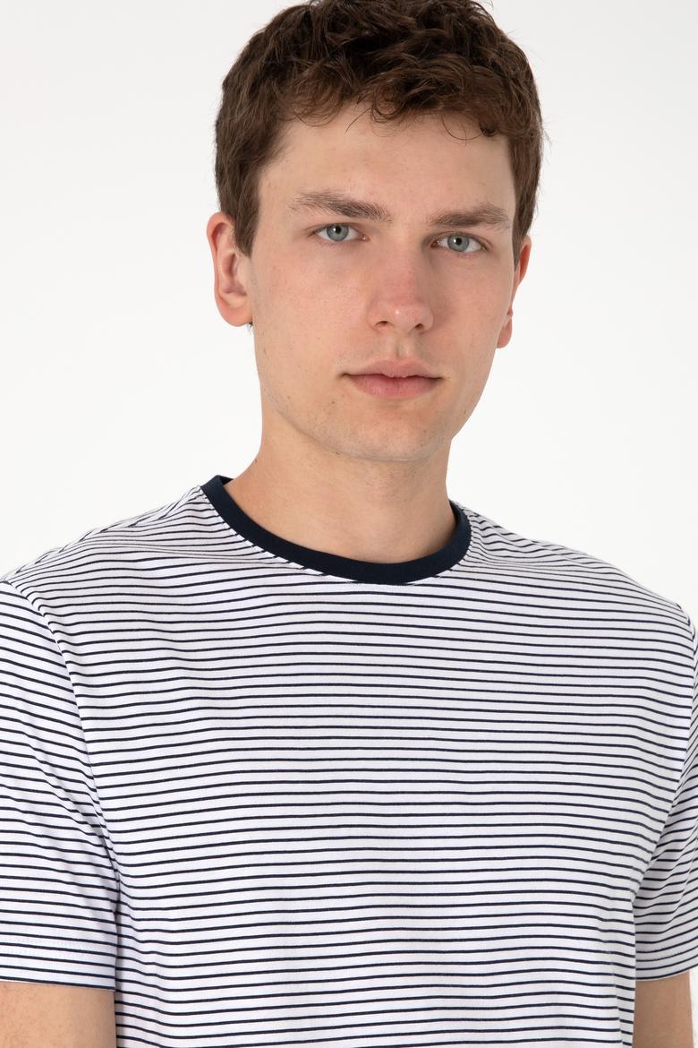 Erkek Regular Fit Bisiklet Yaka Lacivert Çizgili Tişört - 50306898026