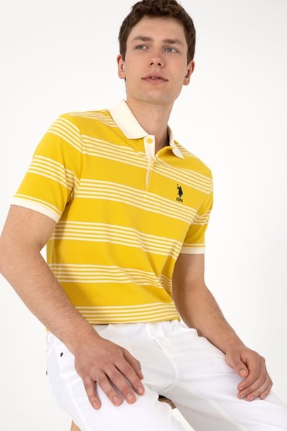 Erkek Regular Fit Polo Yaka Sarı Çizgili Tişört