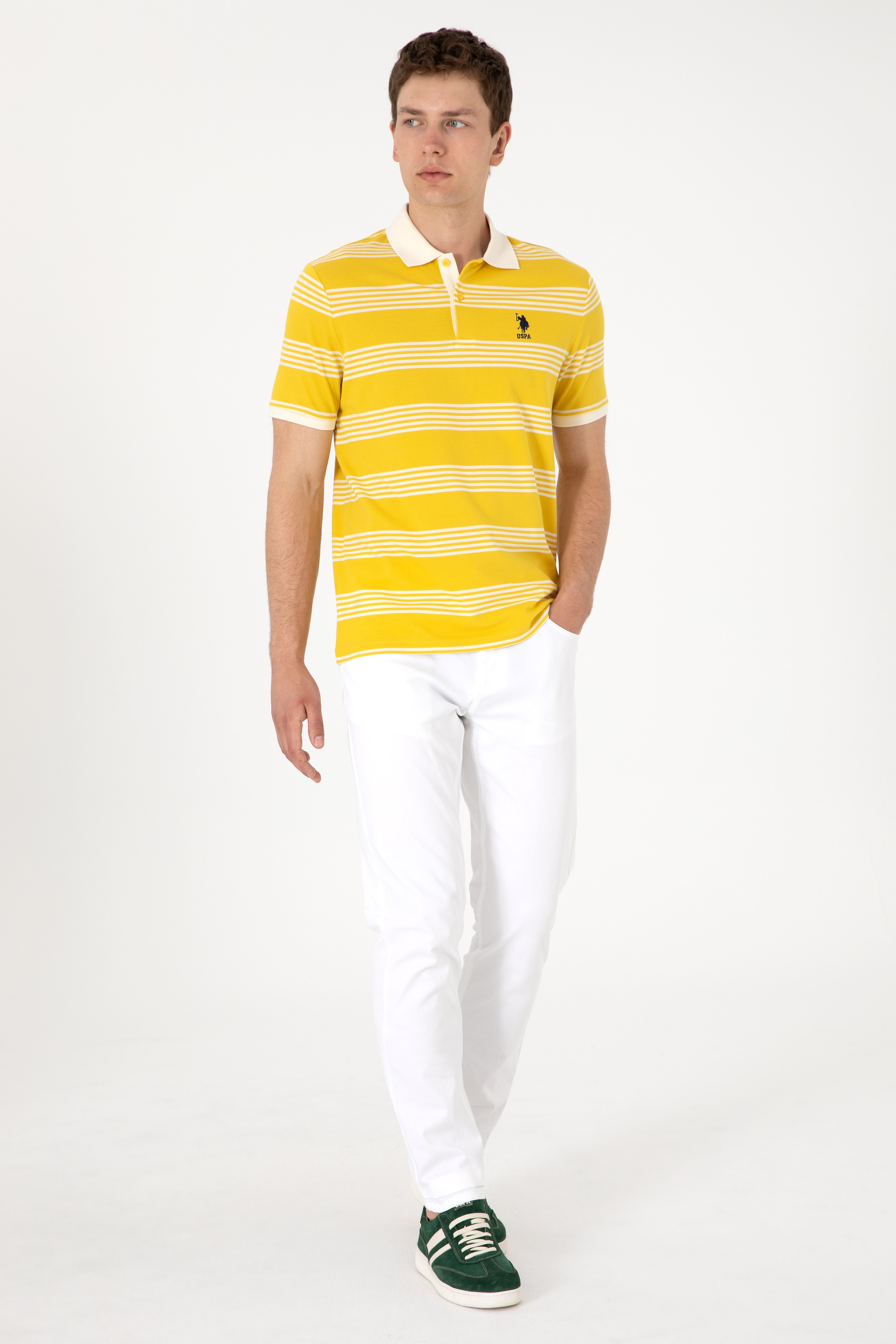Erkek Regular Fit Polo Yaka Sarı Çizgili Tişört - Image 4