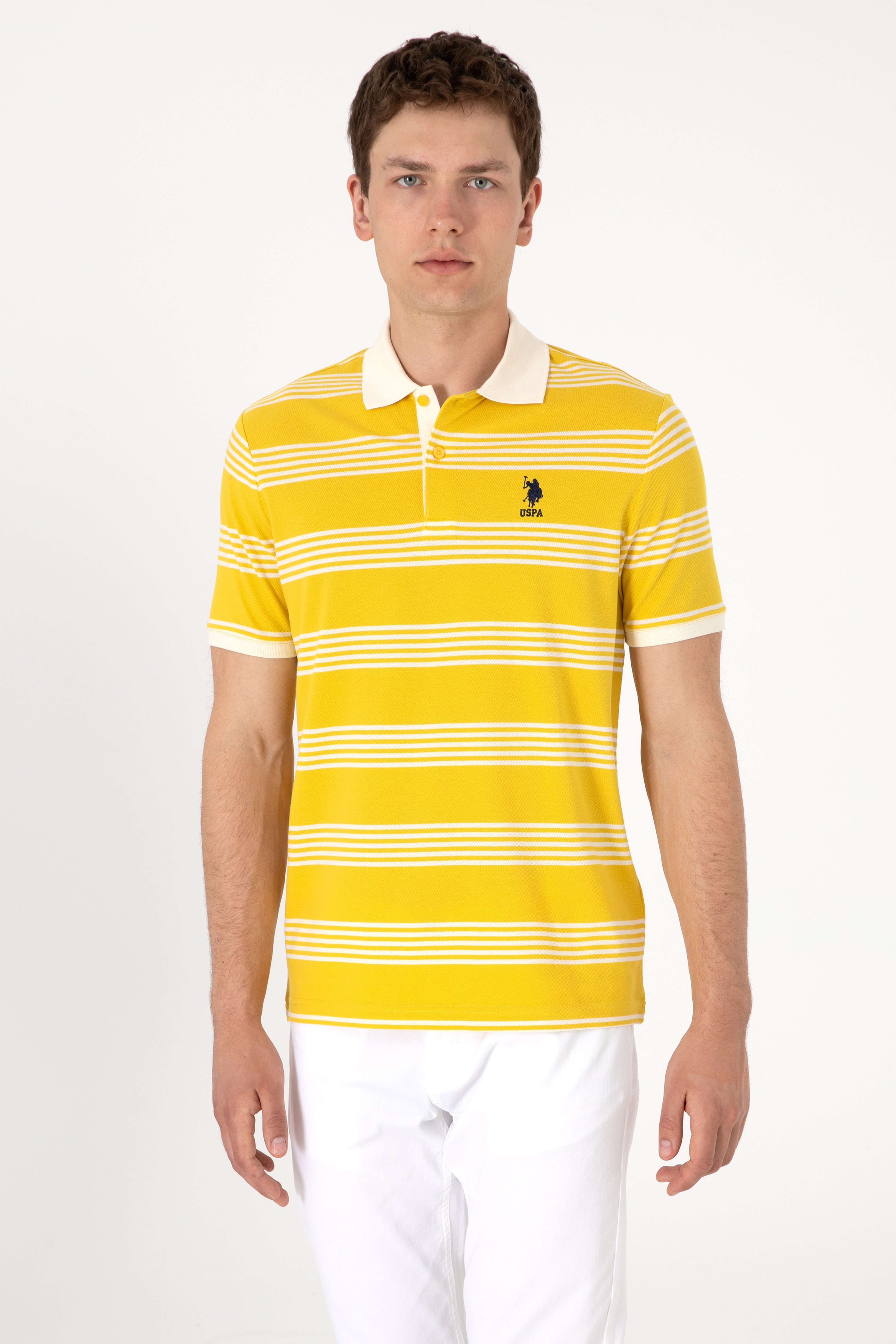 Erkek Regular Fit Polo Yaka Sarı Çizgili Tişört - Image 1