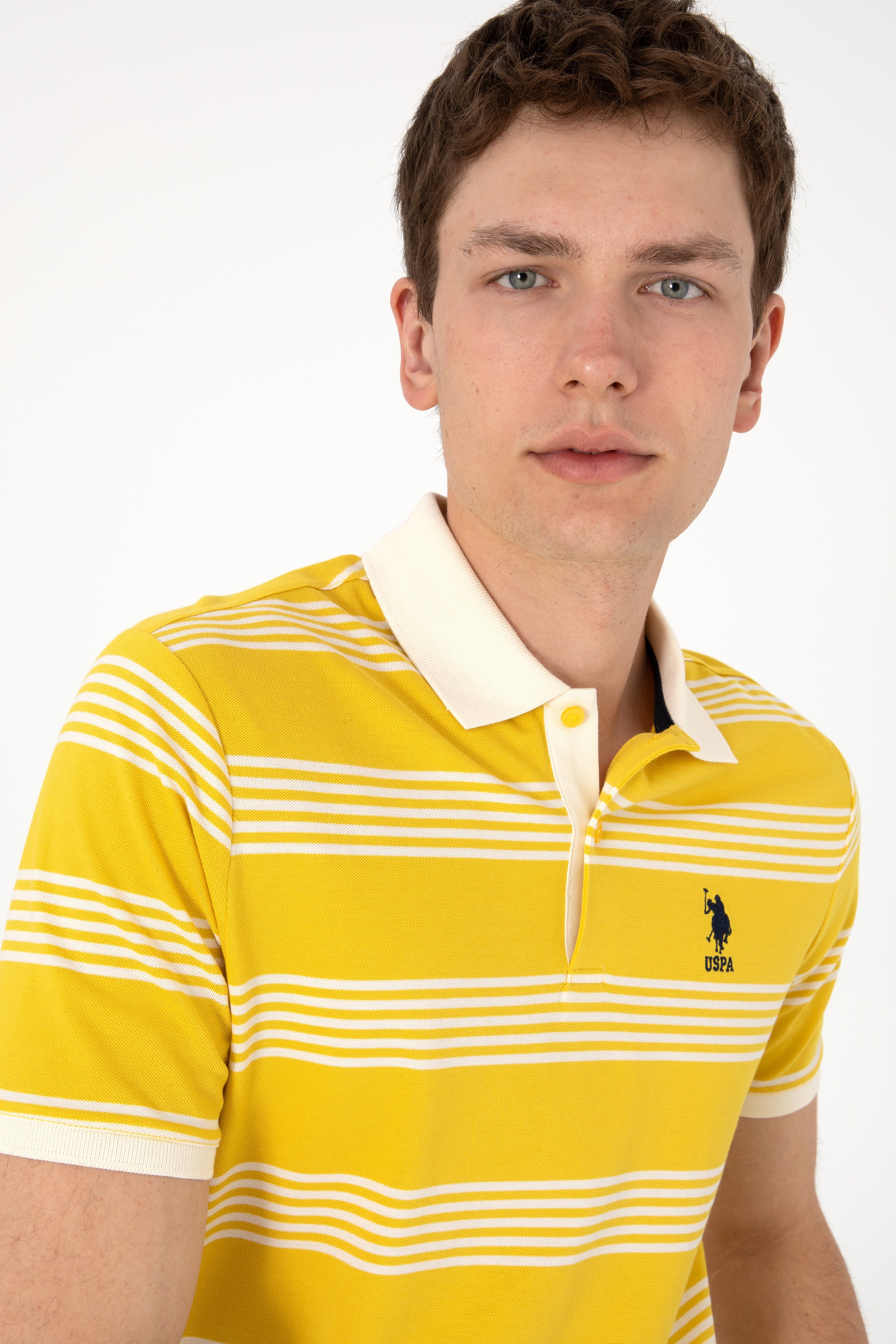 Erkek Regular Fit Polo Yaka Sarı Çizgili Tişört
