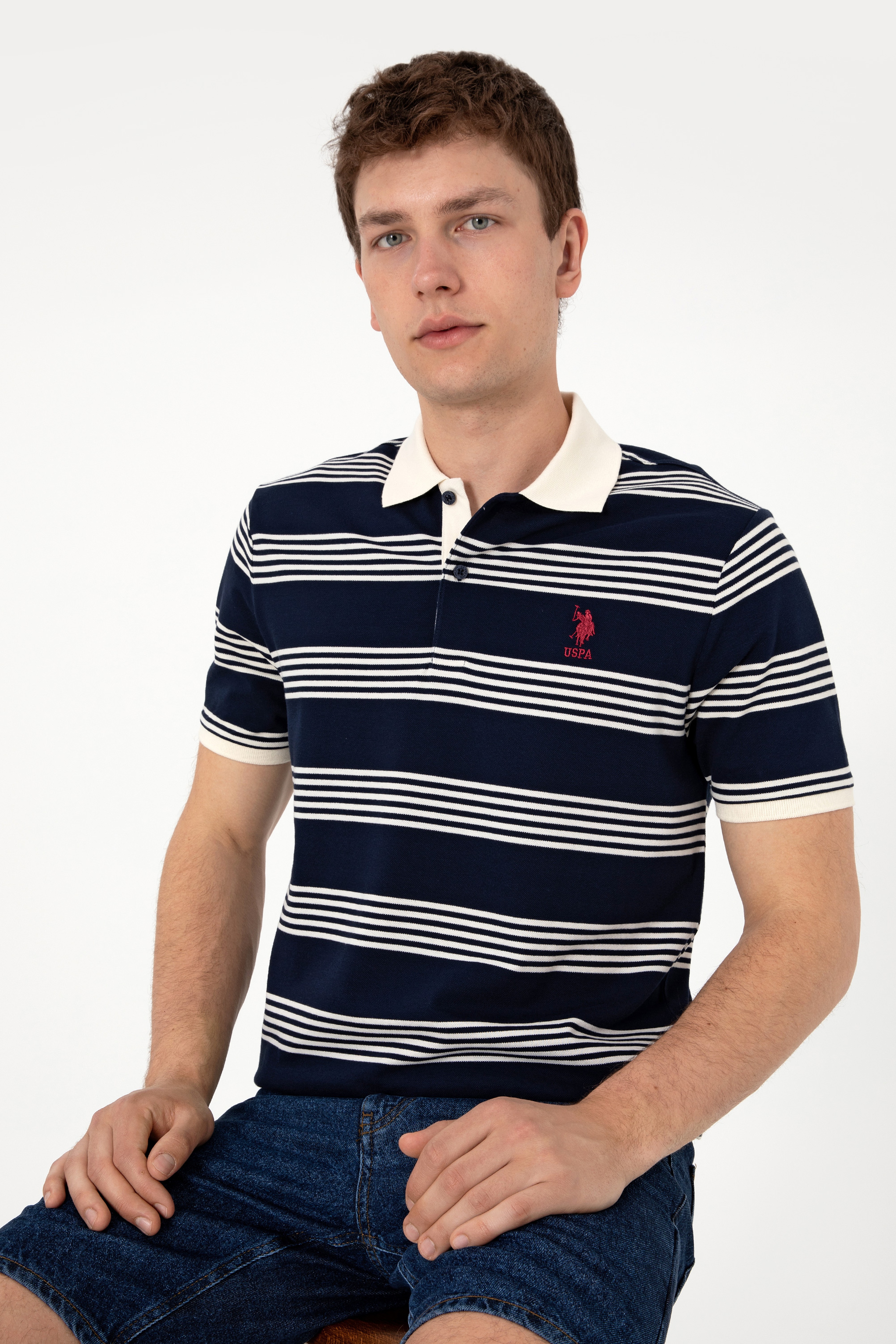Erkek Regular Fit Polo Yaka Lacivert Çizgili Tişört - Image 3