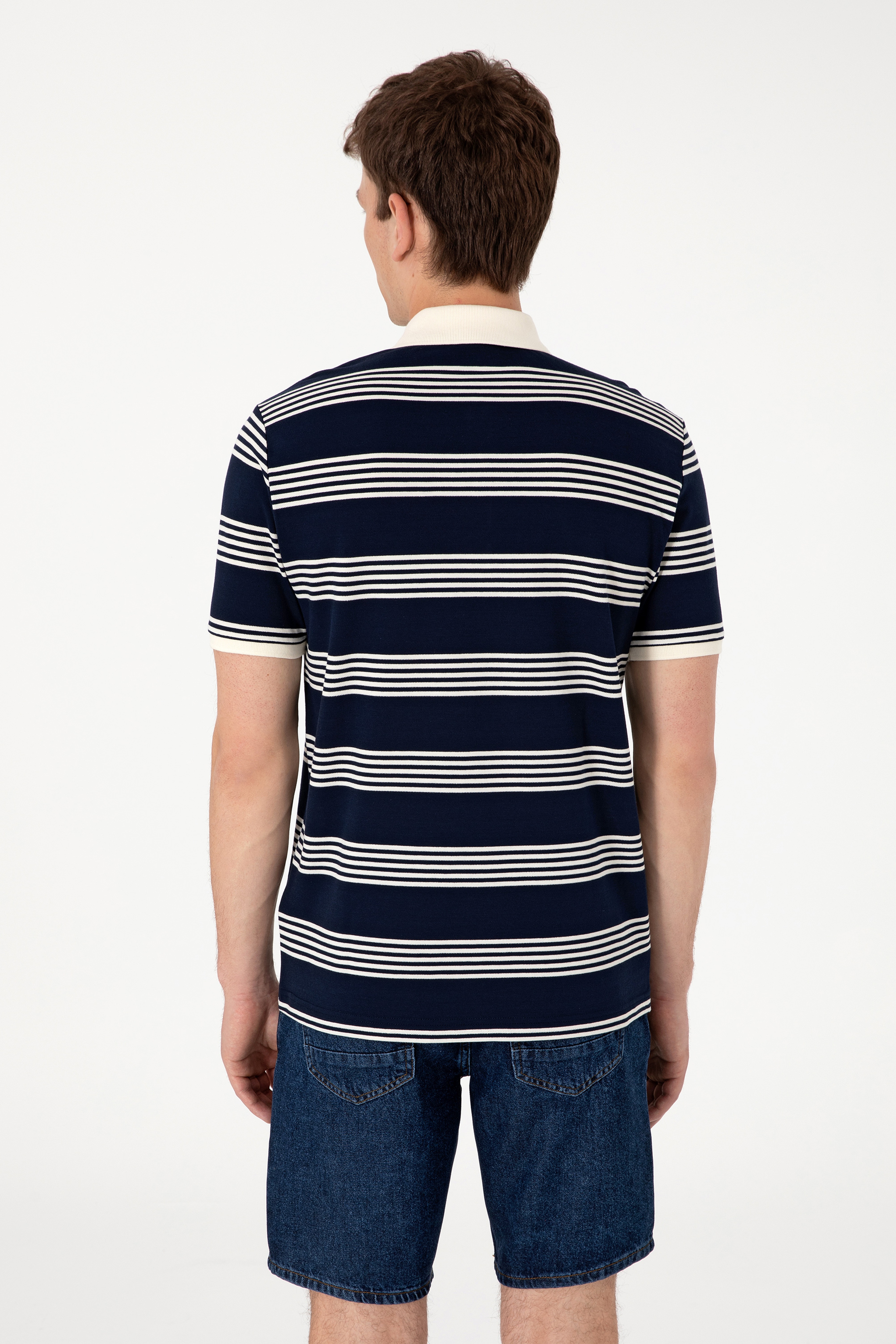 Erkek Regular Fit Polo Yaka Lacivert Çizgili Tişört - Image 5