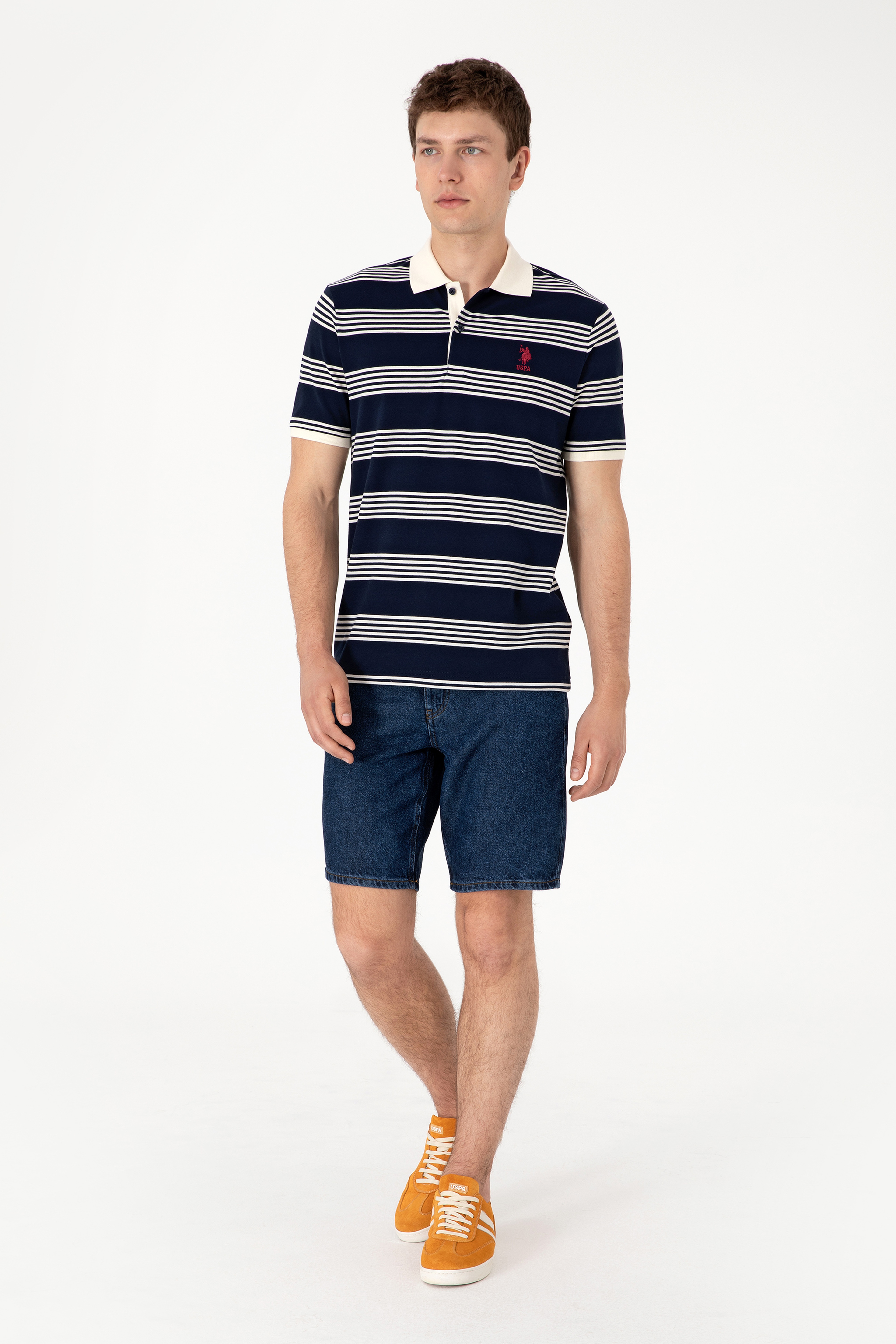 Erkek Regular Fit Polo Yaka Lacivert Çizgili Tişört - Image 4