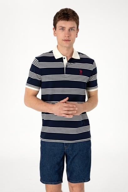 Erkek Regular Fit Polo Yaka Lacivert Çizgili Tişört