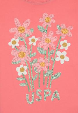 Kız Çocuk Pembe Bisiklet Yaka Payet Çiçek Baskılı Pamuk Tişört - 50300968015