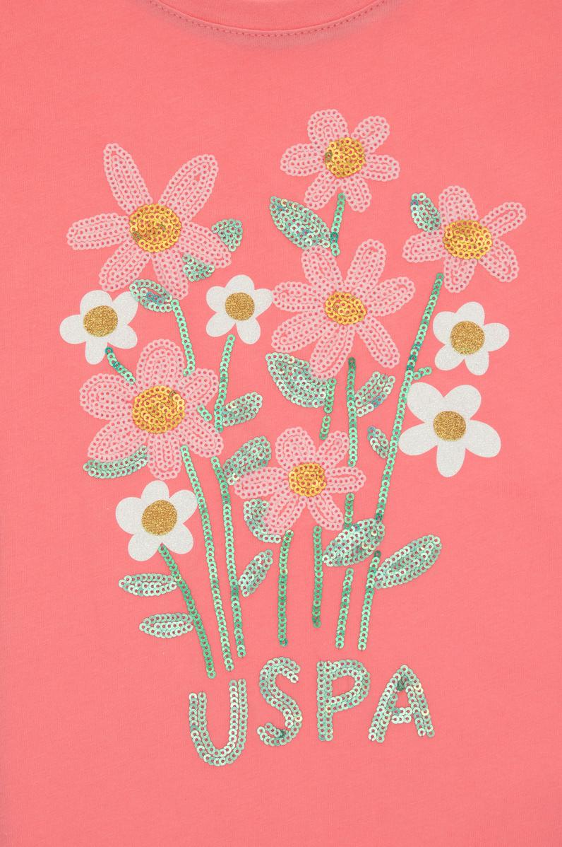 Kız Çocuk Pembe Bisiklet Yaka Payet Çiçek Baskılı Pamuk Tişört