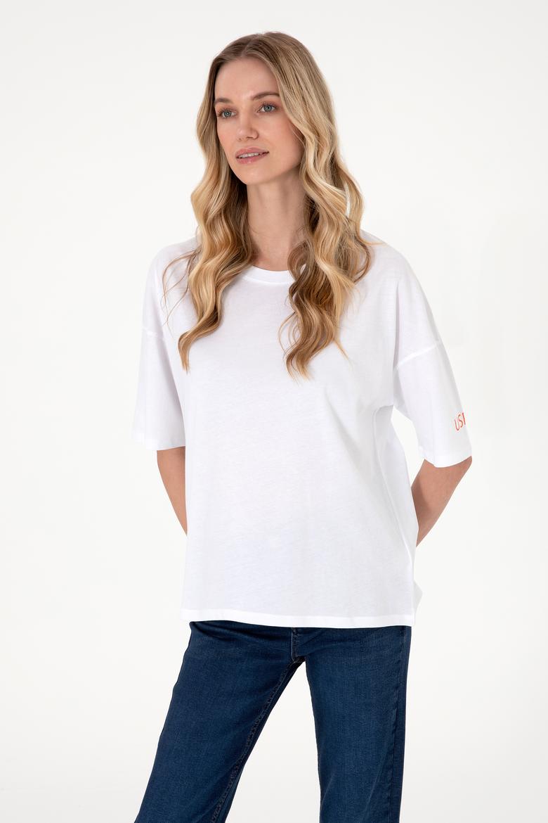 Kadın Beyaz Oversize Bisiklet Yaka Tişört - 50305775024