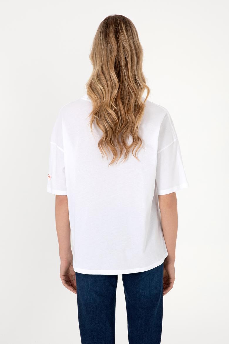 Kadın Beyaz Oversize Bisiklet Yaka Tişört - 50305775024