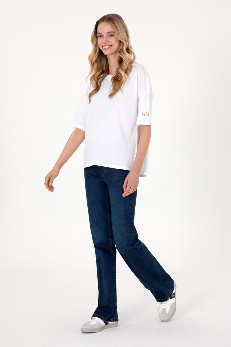 Kadın Beyaz Oversize Bisiklet Yaka Tişört - 50305775024