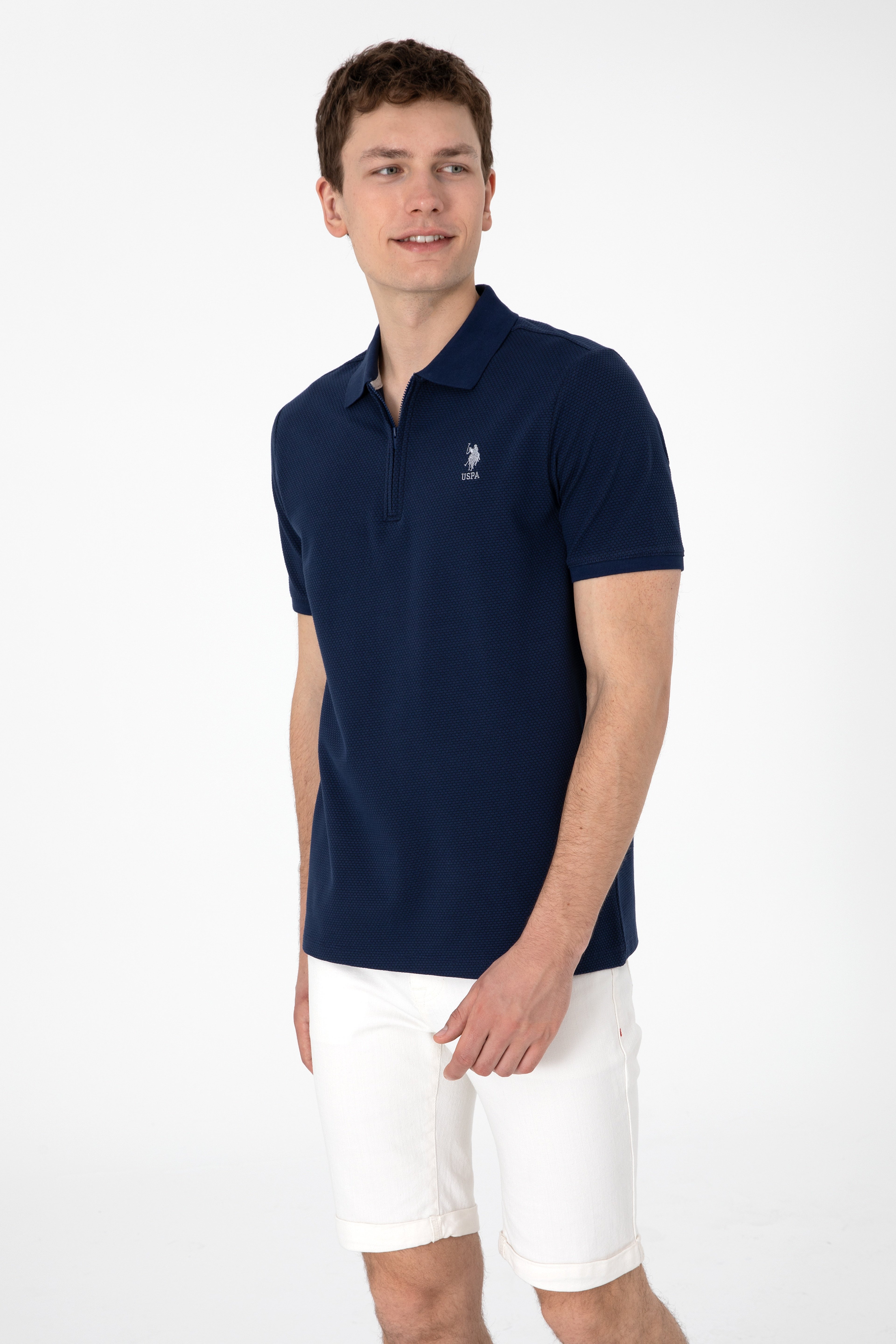 Erkek Regular Fit Fermuarlı Lacivert Dokulu Tişört - Image 3