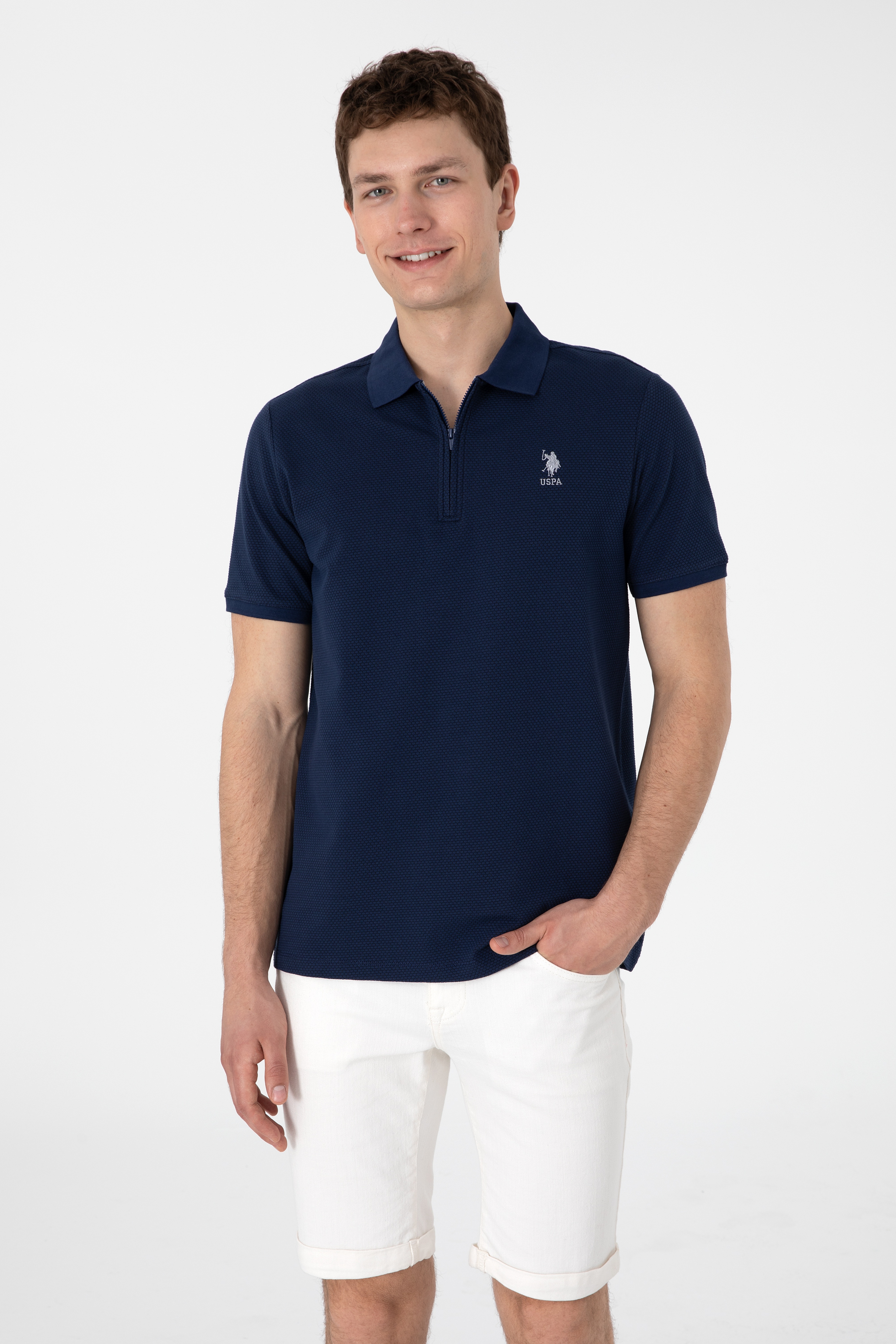 Erkek Regular Fit Fermuarlı Lacivert Dokulu Tişört - Image 1